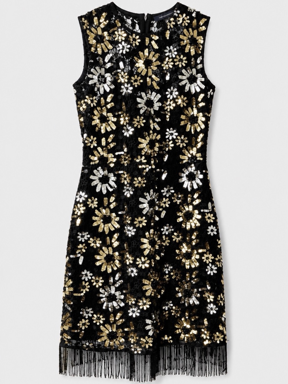French Connection Sequin Fringe Mini Dress XS 0 Gold Silver Floral Cocktail Part